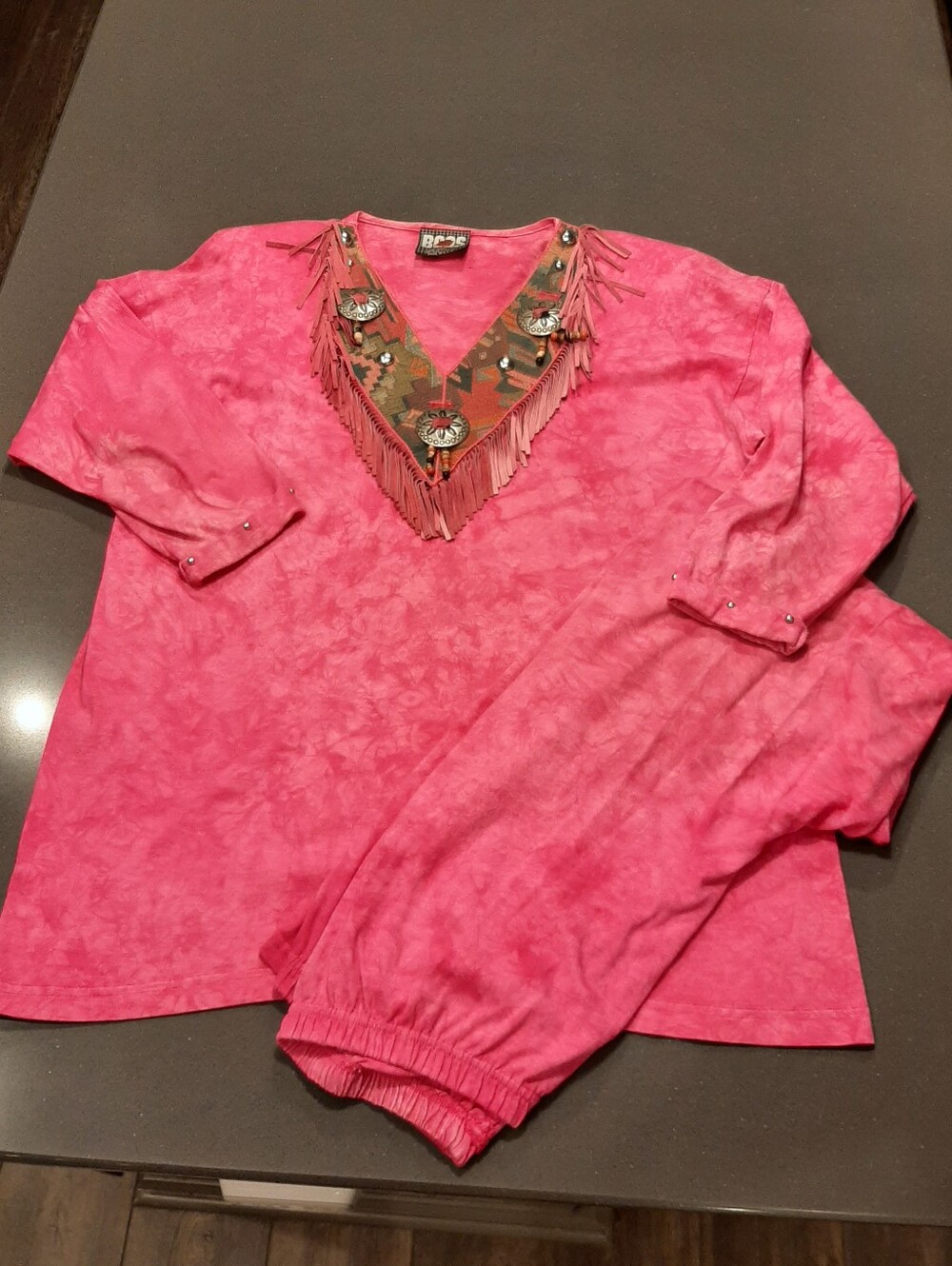 B Co’s Vintage Pink Southwest Fringe Concho 2 Piece Pants Set Made USA OS